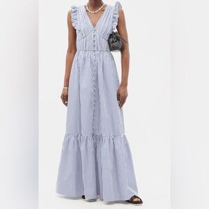 Self-Portrait Stripe Ruffle Cotton Dress | Blue & White | Size 4